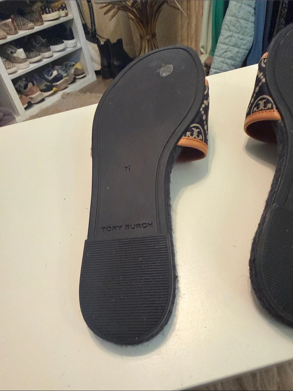 Tory Burch Navy Minogram Logo Espadrille Sandals with Brown Trim